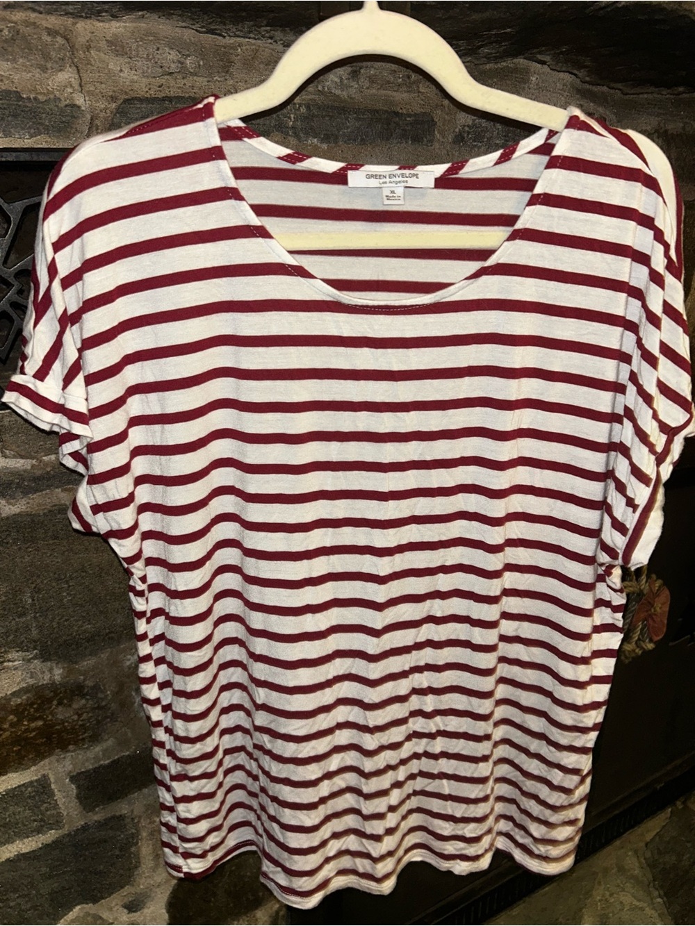 Green Envelope Burgundy & White Striped Scoop Neck Short Sleeve Top